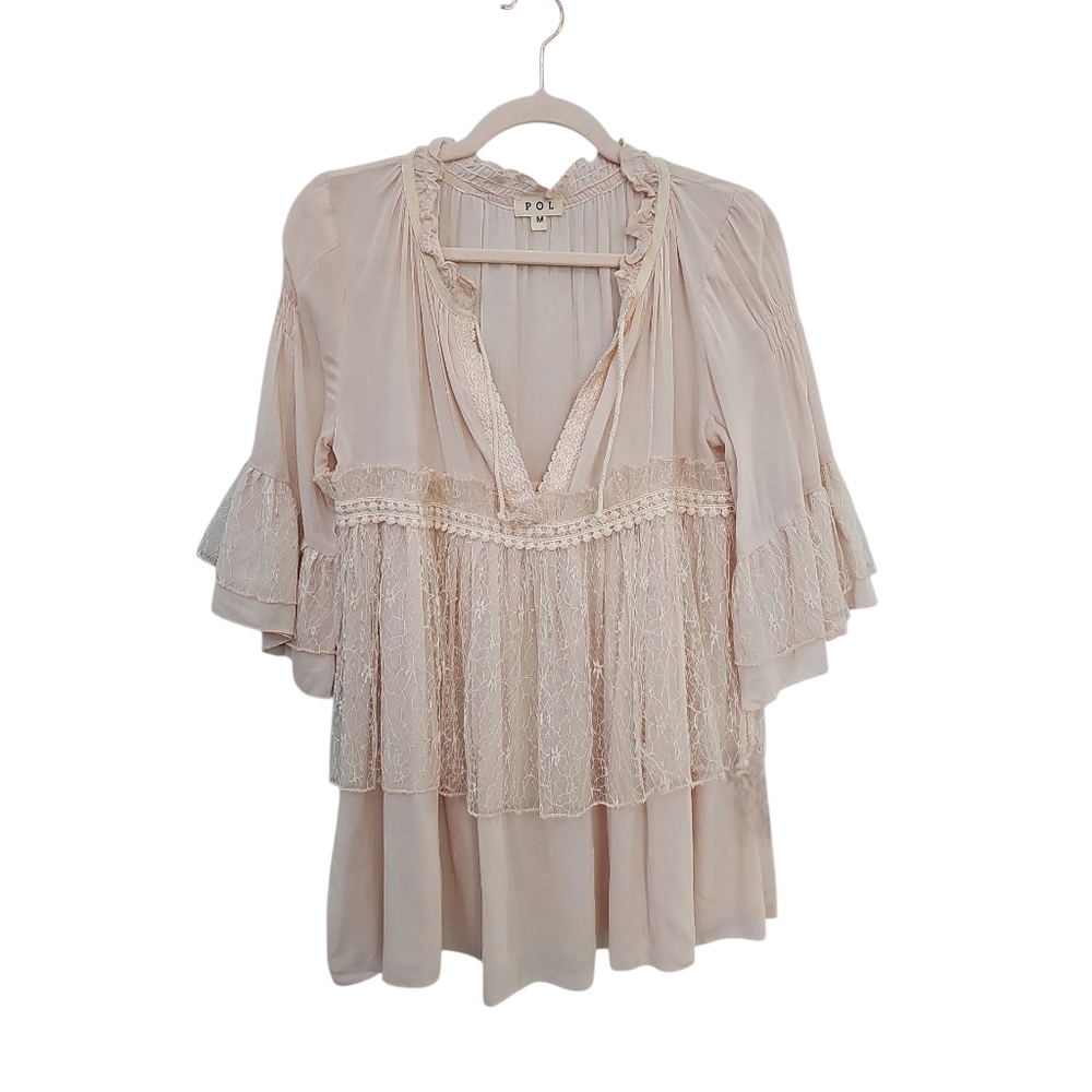 POL Creamy Pink Lace Blouse Boho Style Medium